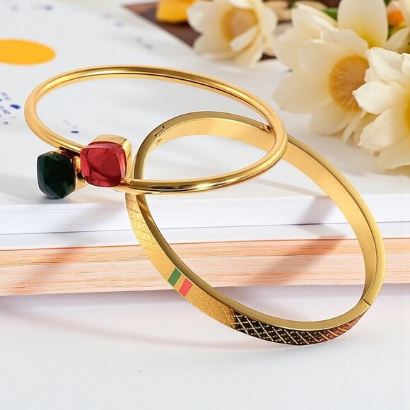 🆕 2-Piece Gold Plated Stainless Steel Cuff & Bangle Set With Rhinestone Charms - Picture 14 of 14